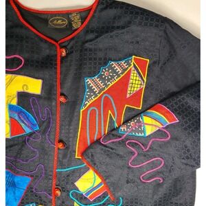 Vtg Allure Embroidered Art Jacket Sz XL India Painted Button Retro Patches 90's